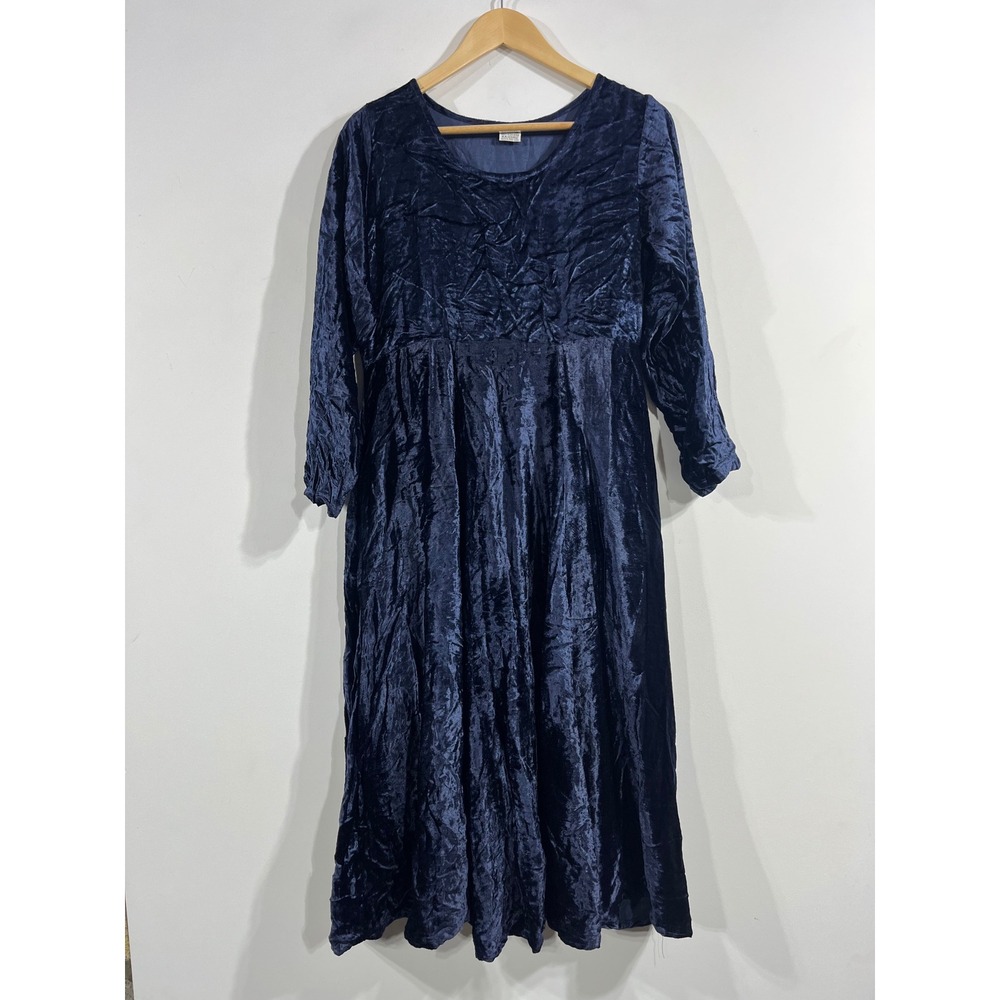 Classic Navy Fairy Grunge Babydoll Crushed Velvet Midi Dress Medium Petite Boho